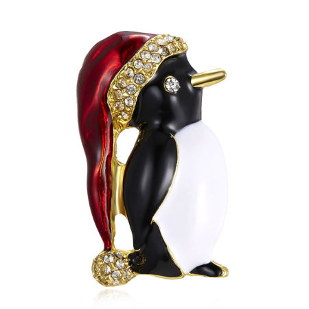 Christmas Pin Brooches Penguin Animal Gold Plated Multicolor Clear Rhinestone 40mm x 20mm, 1 Piece
