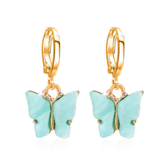 Picture of Hoop Earrings Gold Plated Blue Butterfly Animal 25mm x 10mm, 1 Pair