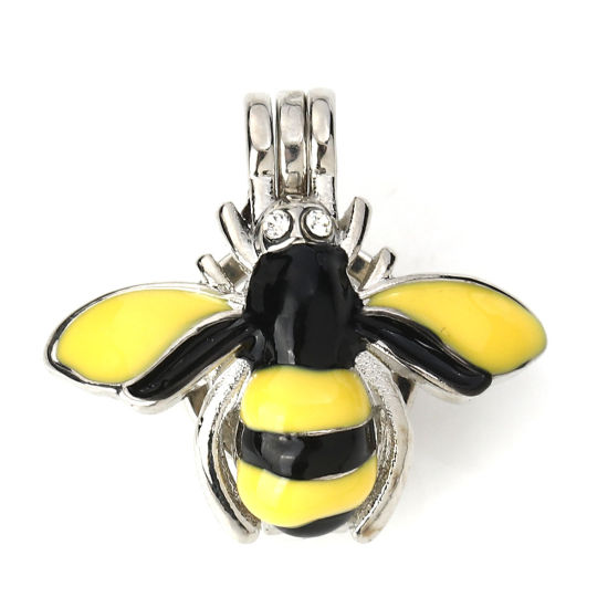 Bild von Zinklegierung Wunsch Perlenkäfig Schmuck Anhänger Biene Silberfarbe Gelb Transparent Strass Emaille Zum Öffnen (Für Perlengröße: 8mm) 25mm x 23mm, 3 Stück
