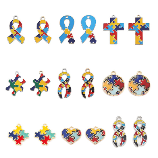 Picture of Zinc Based Alloy Medical Charms Round Multicolor Autism Awareness Jigsaw Puzzle Piece Enamel