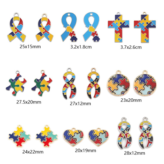 Picture of Zinc Based Alloy Medical Charms Round Multicolor Autism Awareness Jigsaw Puzzle Piece Enamel