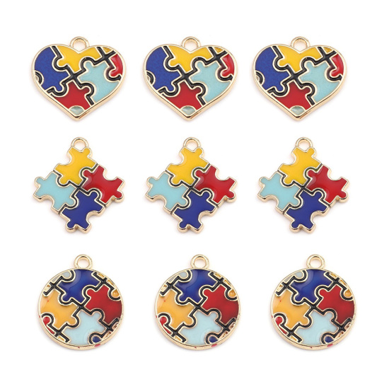 Picture of Zinc Based Alloy Medical Charms Round Multicolor Autism Awareness Jigsaw Puzzle Piece Enamel