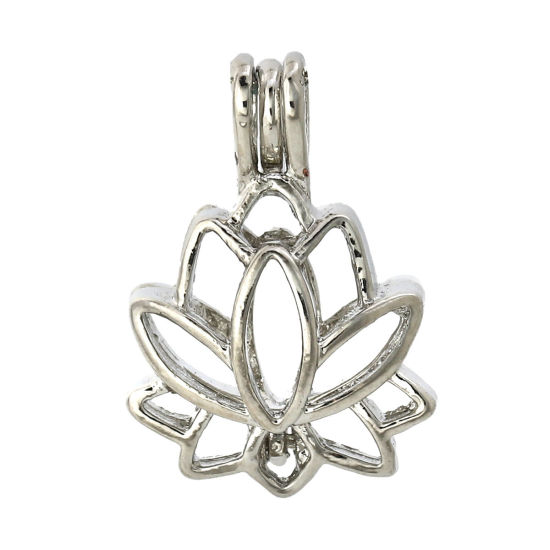 Bild von Zinklegierung Wunsch Perlenkäfig Schmuck Anhänger Lotosblume Silberfarbe Zum Öffnen (Für Perlengröße: 8mm) 25mm x 18mm, 5 Stück