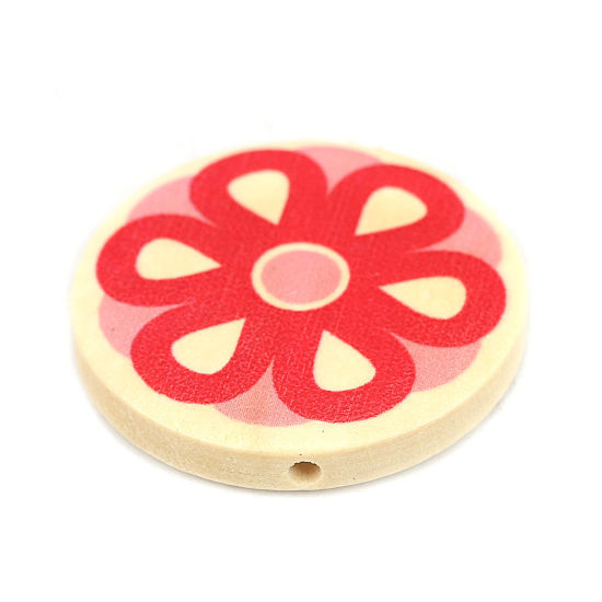 Image de Perles en Bois Naturel Plat-Rond Rouge Fleurs 30mm Dia, Trou: env. 2.2mm, 10 Pcs