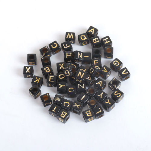 Picture of Acrylic Beads Square Gold At Random Initial Alphabet/ Letter Pattern