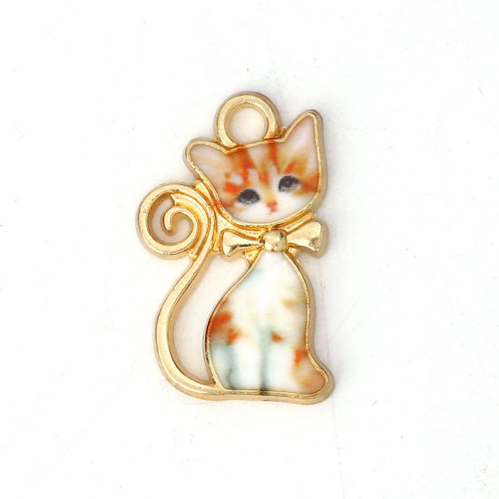 Immagine di Lega di Zinco Charms Gatto Oro Placcato Arancione Smalto 21mm x 13mm , 10 Pz