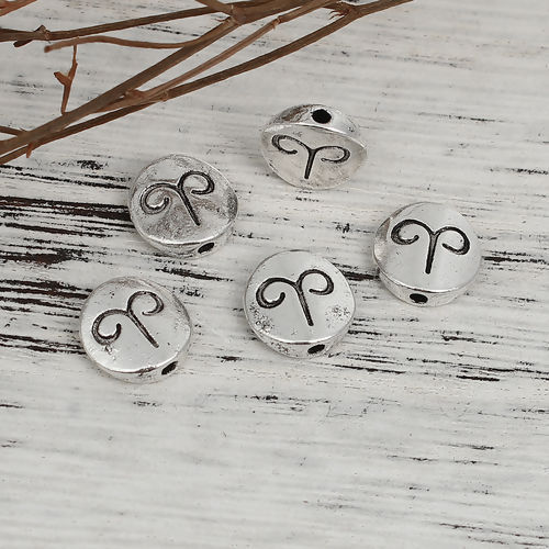Immagine di Lega di Zinco Separatori Perline Tondo Argento Antico Costellazione Ariete Scolpisce Circa 10mm Dia, Foro:Circa 1.3mm, 50 Pz