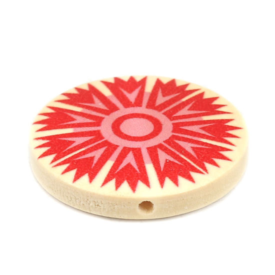 Picture of Natural Wood Spacer Beads Flat Round Red Flower About 30mm Dia., Hole: Approx 2.3mm, 10 PCs
