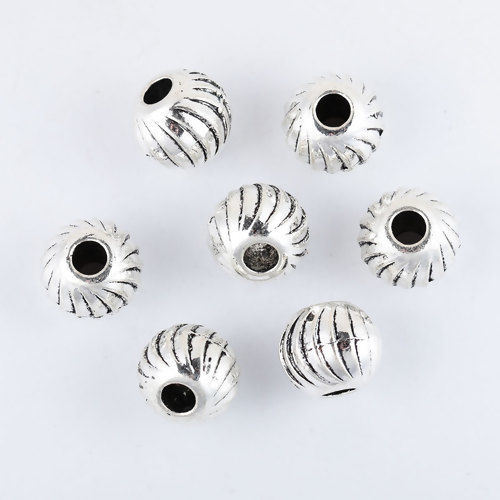 Picture of Zinc Based Alloy Spacer Beads Round Antique Silver Color Stripe About 10mm Dia., Hole: Approx 3mm, 30 PCs