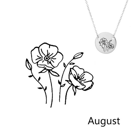 Picture of 316L Stainless Steel Birth Month Flower Necklace Silver Tone August Poppy Flower 42cm(16 4/8") long, 1 Piece