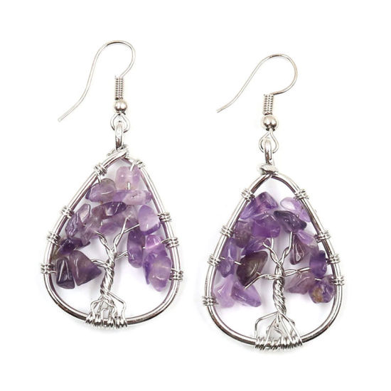 Picture of February Birthstone - Crystal ( Natural ) Earrings Silver Tone Purple Drop Tree 36mm(1 3/8") x 24mm, 1 Pair