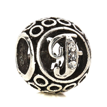 Zinc Based Alloy European Style Large Hole Charm Beads Round Antique Silver Color Initial Alphabet/ Letter Message " F " Clear Rhinestone About 11mm Dia, Hole: Approx 5.1mm, 5 PCs
