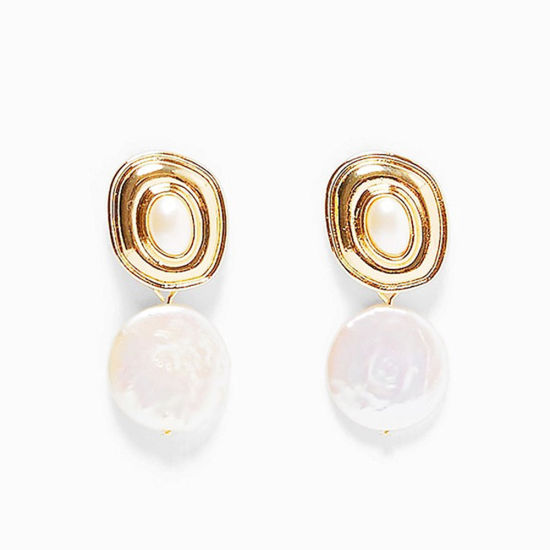 Picture of Baroque Earrings Gold Plated White Round Imitation Pearl 10cm - 5cm, 1 Pair