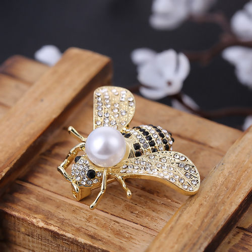 Picture of Micro Pave Pin Brooches Bee Animal Gold Plated Black Imitation Pearl Clear Rhinestone 40mm(1 5/8") x 30mm(1 1/8"), 1 Piece