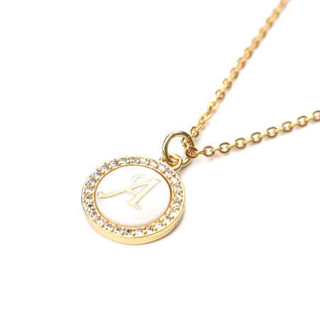 Picture of Stainless Steel & Natural Shell Necklace Gold Plated Round Disc Initial Alphabet/ Capital Letter Message " A " Clear Cubic Zirconia 45cm(17 6/8") long, 1 Piece