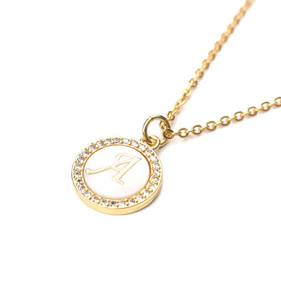 Immagine di Acciaio Inossidabile & Conchiglia Collana Oro Placcato Tondo Lettera Maiuscola Messaggio" A " Trasparente Cubic Zirconia 45cm Lunghezza, 1 Pz