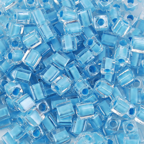 Picture of Glass (Japan Import) Square Seed Beads Skyblue Transparent Clear Inside Color About 4mm x 4mm - 3.5mm x 3.5mm, Hole: Approx 1.3mm, 10 Grams (Approx 10 PCs/Gram)