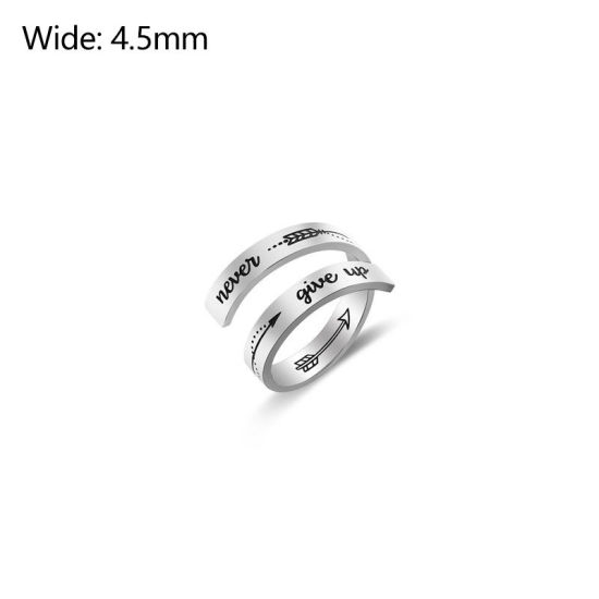 Picture of Titanium Steel Open Adjustable Rings Silver Tone Arrow " NEVER GIVE UP " Multilayer 18.9mm(US Size 9), 1 Piece