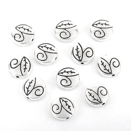 Immagine di Lega di Zinco Separatori Perline Tondo Argento Antico Foglia Scolpisce Circa 11mm Dia, Foro:Circa 1.2mm, 50 Pz