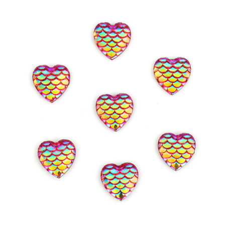 Resin Mermaid Fish/ Dragon Scale Dome Seals Cabochon Heart Fuchsia AB Color 12mm( 4/8") x 12mm( 4/8"), 100 PCs