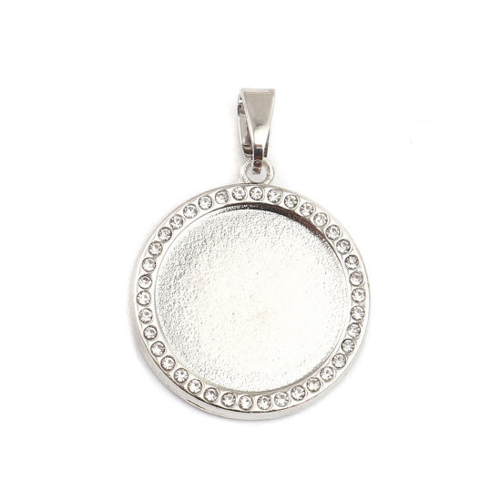 Picture of Zinc Based Alloy Cabochon Settings Pendants Round Silver Tone (Fits 19mm Dia.) Clear Rhinestone 36mm x 25mm, 4 PCs