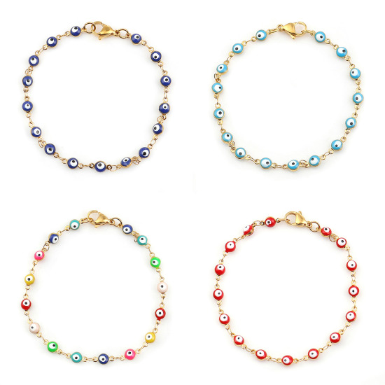 Immagine di 304 Acciaio Inossidabile Braccialetti Oro Placcato Bianco Malocchio Smalto 19.2cm Lunghezza, 1 Pz