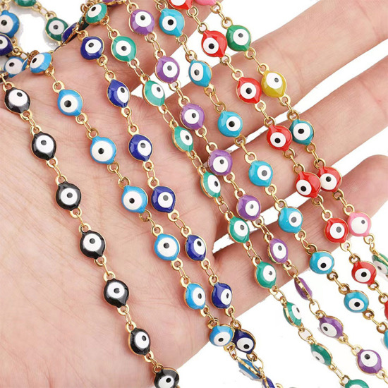 Immagine di 304 Acciaio Inossidabile Braccialetti Oro Placcato Bianco Malocchio Smalto 19.2cm Lunghezza, 1 Pz