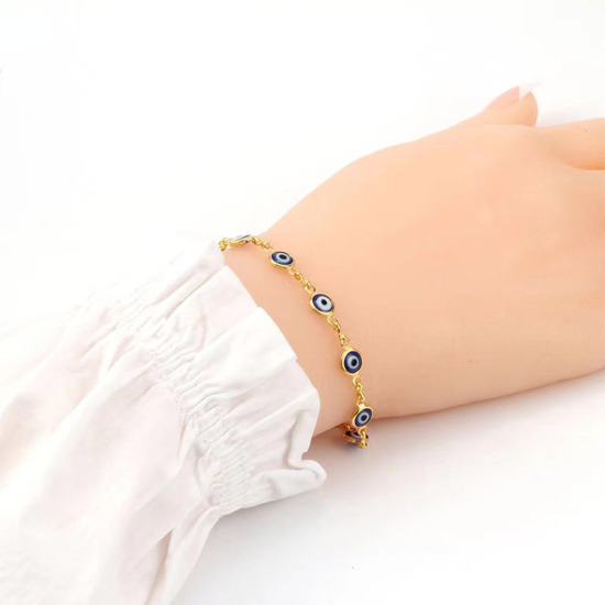 Immagine di 304 Acciaio Inossidabile Braccialetti Oro Placcato Bianco Malocchio Smalto 19.2cm Lunghezza, 1 Pz