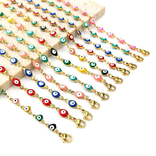 Immagine di 304 Acciaio Inossidabile Braccialetti Oro Placcato Bianco Malocchio Smalto 19.2cm Lunghezza, 1 Pz