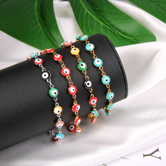 Immagine di 304 Acciaio Inossidabile Braccialetti Oro Placcato Bianco Malocchio Smalto 19.2cm Lunghezza, 1 Pz