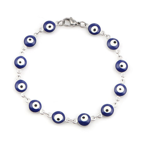 304 Acero Inoxidable Pulseras Tono de Plata Azul Oscuro Mal de ojo Esmalte 20.3cm longitud, 1 Unidad