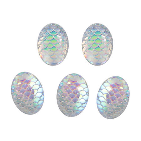Resin Mermaid Fish/ Dragon Scale Dome Seals Cabochon Oval Silver AB Color 18mm( 6/8") x 13mm( 4/8"), 50 PCs