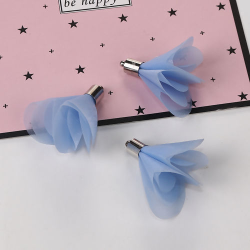 Immagine di Organza Ciondoli Nappine Fiore Tono Argento Blu Circa 41mm x 40mm, 10 Pz