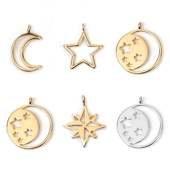 Picture of Brass Galaxy Charms Round Gold Filled Star 18mm( 6/8") x 15mm( 5/8"), 3 PCs