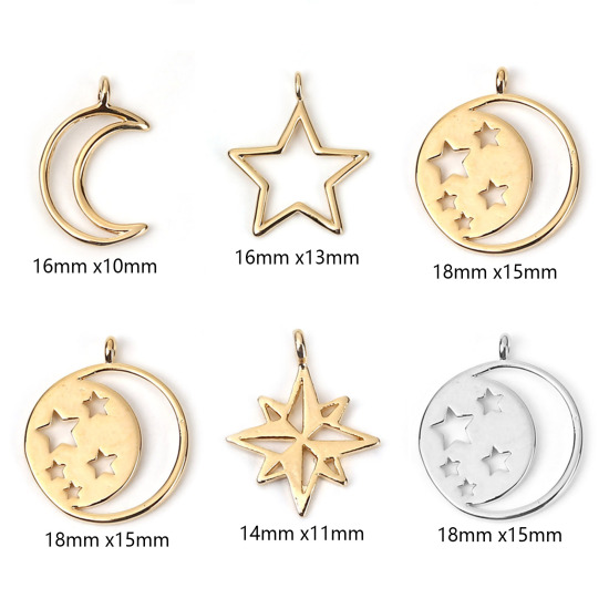 Picture of Brass Galaxy Charms Round Gold Filled Star 18mm( 6/8") x 15mm( 5/8"), 3 PCs