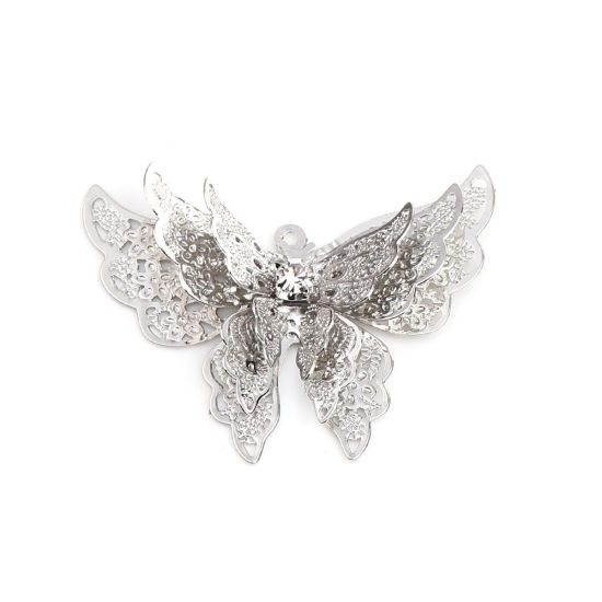 Bild von Messing Filigran Stempel Verzierung Anhänger Schmetterling Silberfarbe Transparent Strass 35mm x 26mm, 5 Stück
