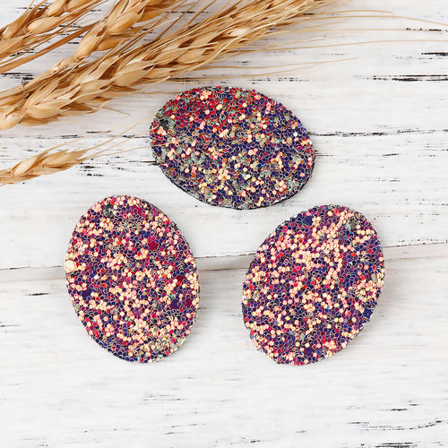 Image de Pendentifs Paillette en Cuir Artificiel Ovale Rouge Orangé Couleur AB 41mm x 31mm, 10 Pcs
