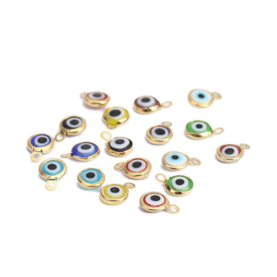 Immagine di 304 Acciaio Inossidabile Charms Tondo Oro Placcato A Random Malocchio Con Resina Cabochons 9mm x 7mm, 10 Pz