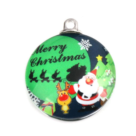 Immagine di Vetro Ciondoli Tondo Babbo Natale Tono Argento Multicolore 30mm x 25mm, 5 Pz