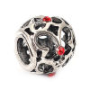Picture of Zinc Based Alloy European Style Large Hole Charm Beads Round Antique Silver Color Butterfly Red Rhinestone About 12mm Dia, Hole: Approx 5.1mm, 5 PCs