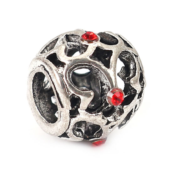 Изображение Цинковый Сплав Европейский стиль Бусины Круглые, Античное Серебро БаКруглыеРезной Красный алмаз " 12мм диаметр, Отверстие ：около 5.1мм, 5 ШТ