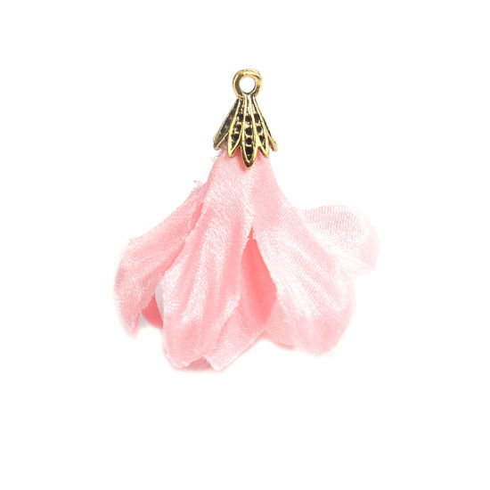 Immagine di Stoffa Nappine Ciondoli Fiore Oro Placcato Rosa Pesca Polka Dot 4.1cm x 3.7cm, 10 Pz