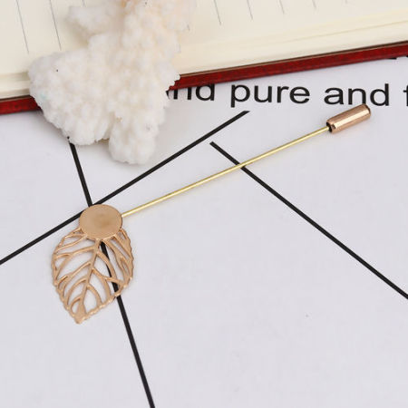 Zinc Based Alloy Stick Brooches Findings Leaf Light Golden Cabochon Settings (Fits 10mm Dia.) 85mm(3 3/8") x 27mm(1 1/8"), 10 PCs