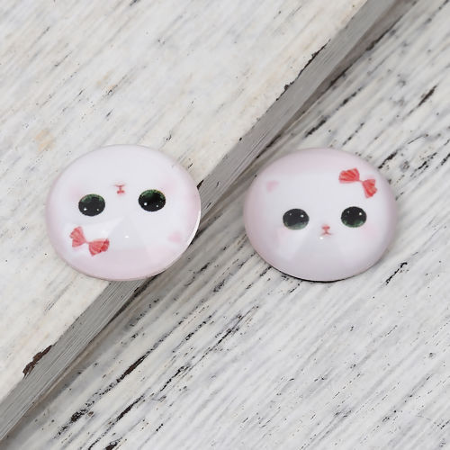 Picture of Glass Dome Seals Cabochon Round Flatback White & Pink Cat Pattern 20mm( 6/8") Dia, 30 PCs