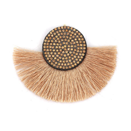 Polyester Tassel Pendants Half Round Light Coffee Champagne Rhinestone 83mm x 61mm(2 3/8"), 5 PCs
