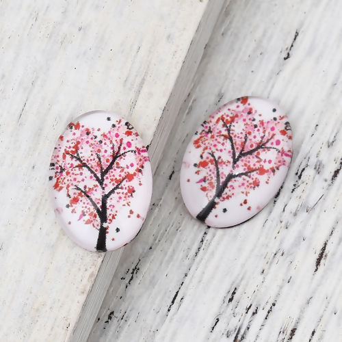 Picture of Glass Dome Seals Cabochon Oval Flatback Pink Tree Pattern 18mm( 6/8") x 13mm( 4/8"), 30 PCs