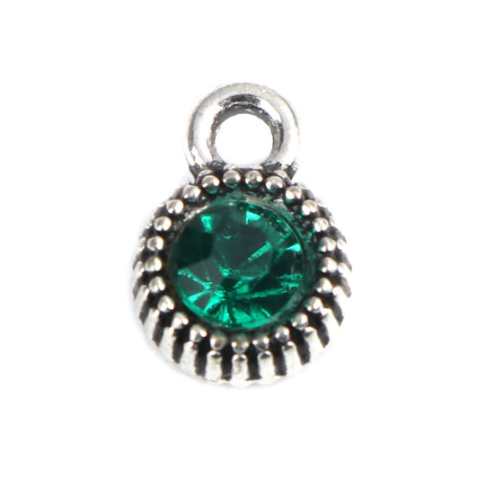 Picture of Zinc Based Alloy Charms Round Antique Silver Color Pentagram Star Peacock Green Rhinestone 12mm x 8mm, 20 PCs