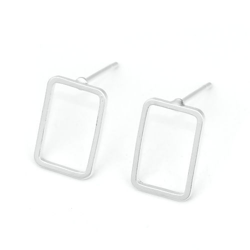 Immagine di Ottone Orecchini a Perno Argento Opaco Rettangolo 12mm x 8mm, Dimensione di Posta / Cavo: (21 misura), 10 Pz
