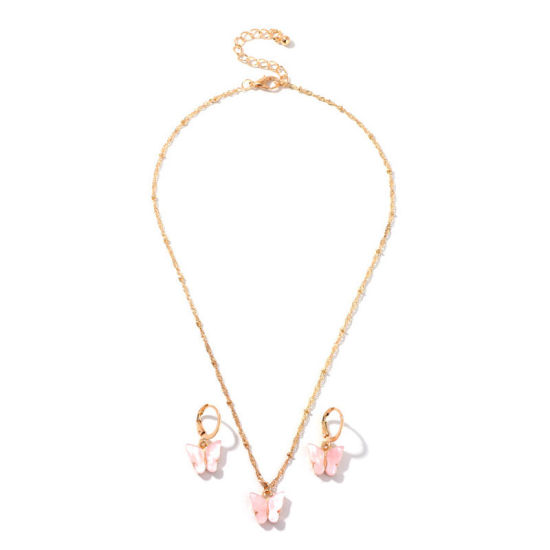 Изображение Комплект Ожерелья и Серьги Позолоченный Розовый Бабочка 39см длина, 2.1cmx 1см, 1 Комплект