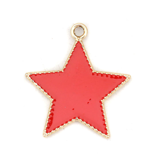 Imagen de Zamak Colgantes Charms Estrellas de cinco puntos Chapado en Oro Rojo Esmalte 27mm x 25mm, 10 Unidades